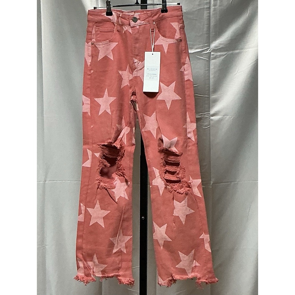 RISEN Jeans 5/27 Peach Blossom Star Print Distressed Raw Hem NWT RDP5609 - Picture 2 of 14